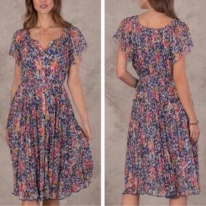 Sundance Clarisse Crinkle Floral Print Boho Midi Dress Medium Fluttered Sleeve